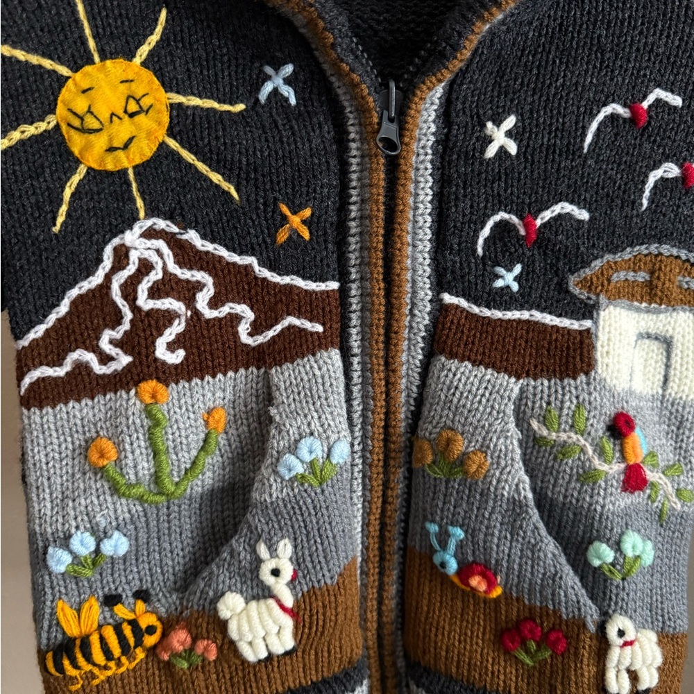 Handmade Peru Baby Zip Sweater 12-18M Embroidered Hooded Cardigan - Picture 2 of 5